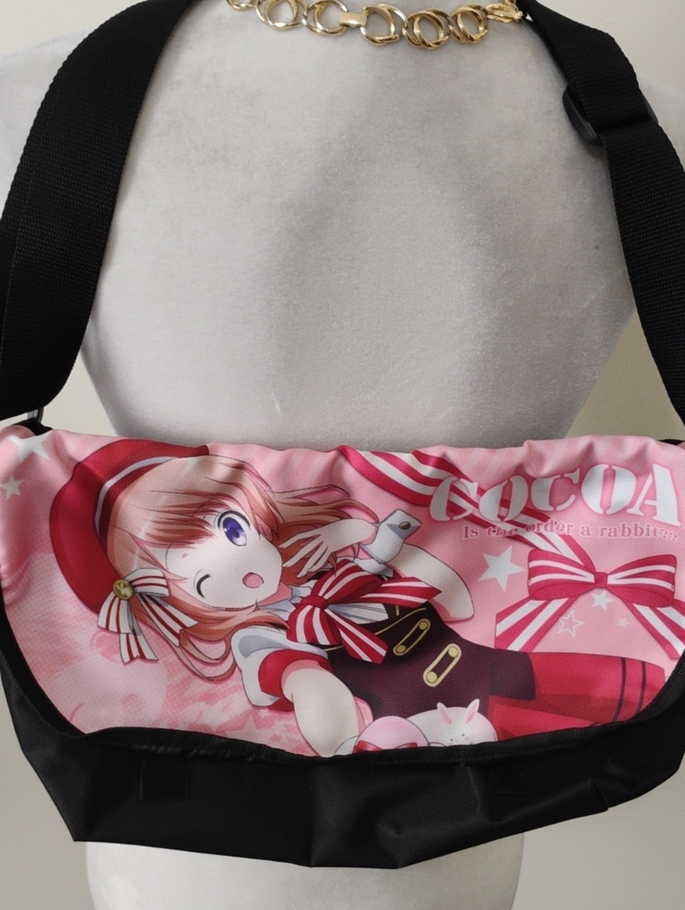 Anime Cocoa Print Pink Crossbody Bag with Black Strap
